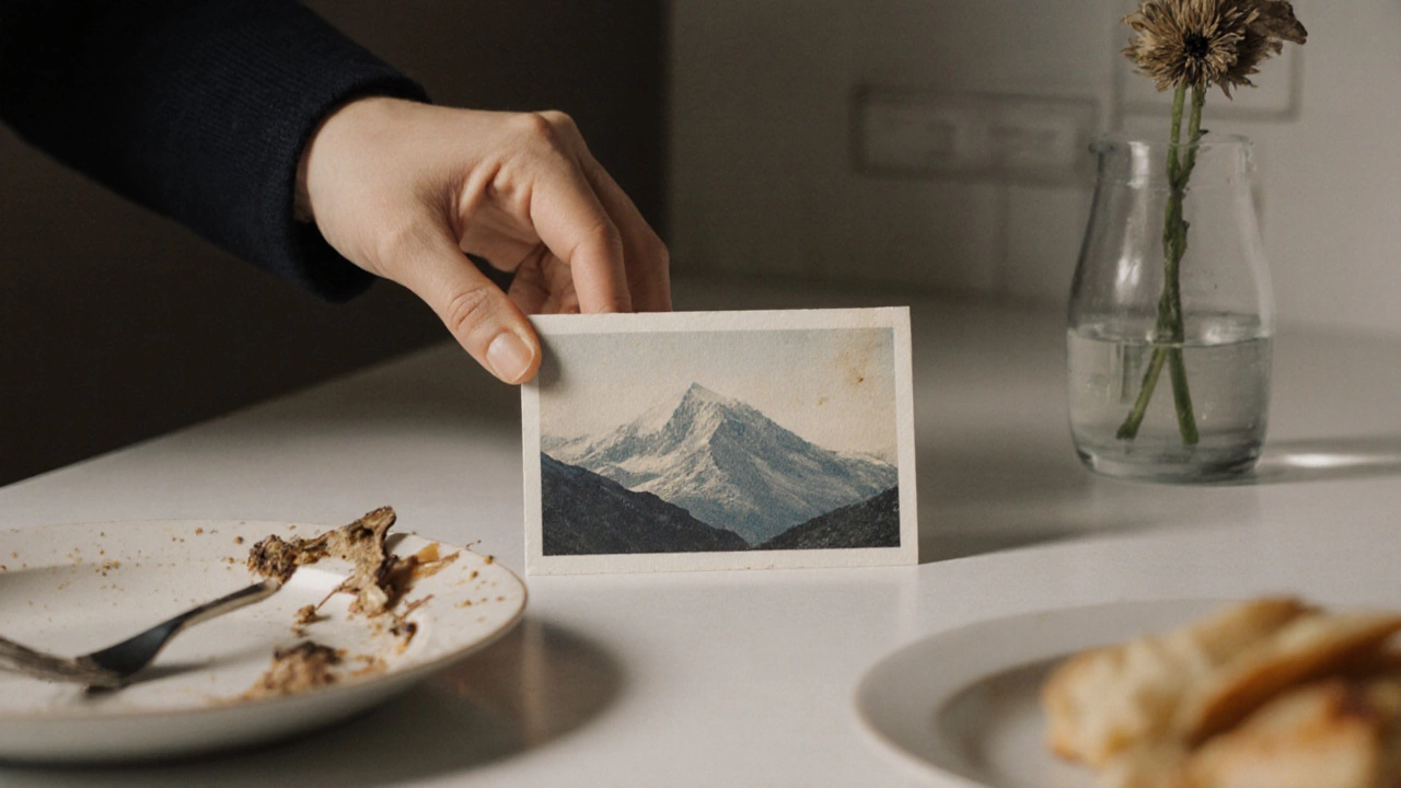 A postcard with no message placed on a counter beside an uneaten meal and a wilting flower.