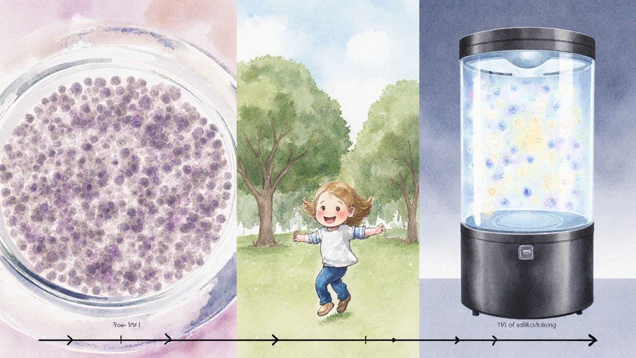 A timeline illustration showing the evolution of IVF from multiple embryos in old dishes to a single healthy embryo in a modern incubator.