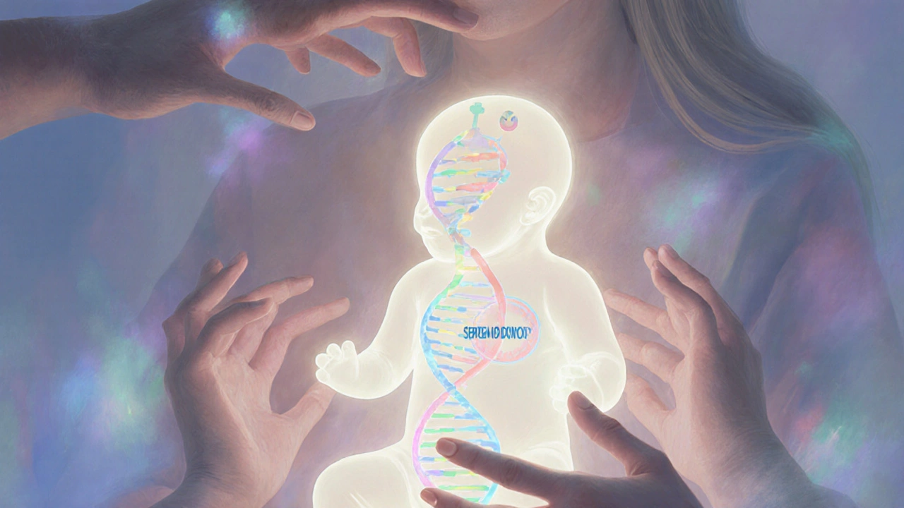 Abstract mother&#039;s hands cradling a baby made of DNA strands from egg and sperm donors.