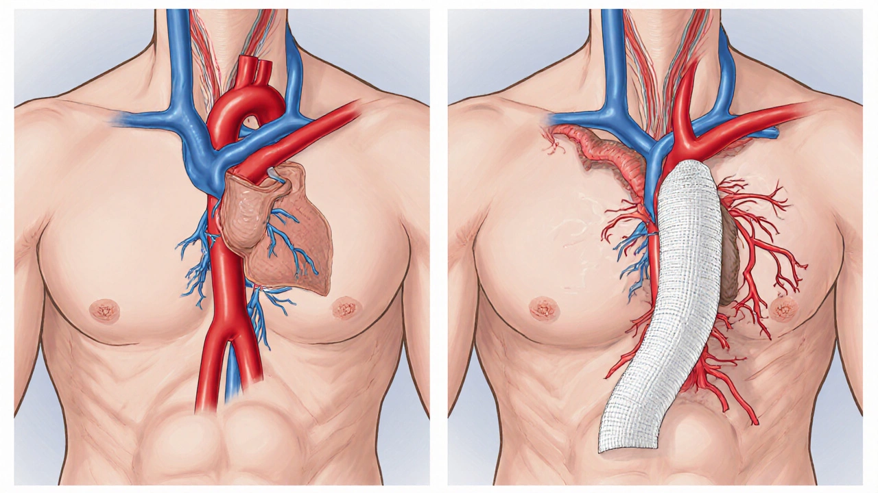 Anatomical illustration showing a coronary bypass graft and an aortic aneurysm repair side by side.