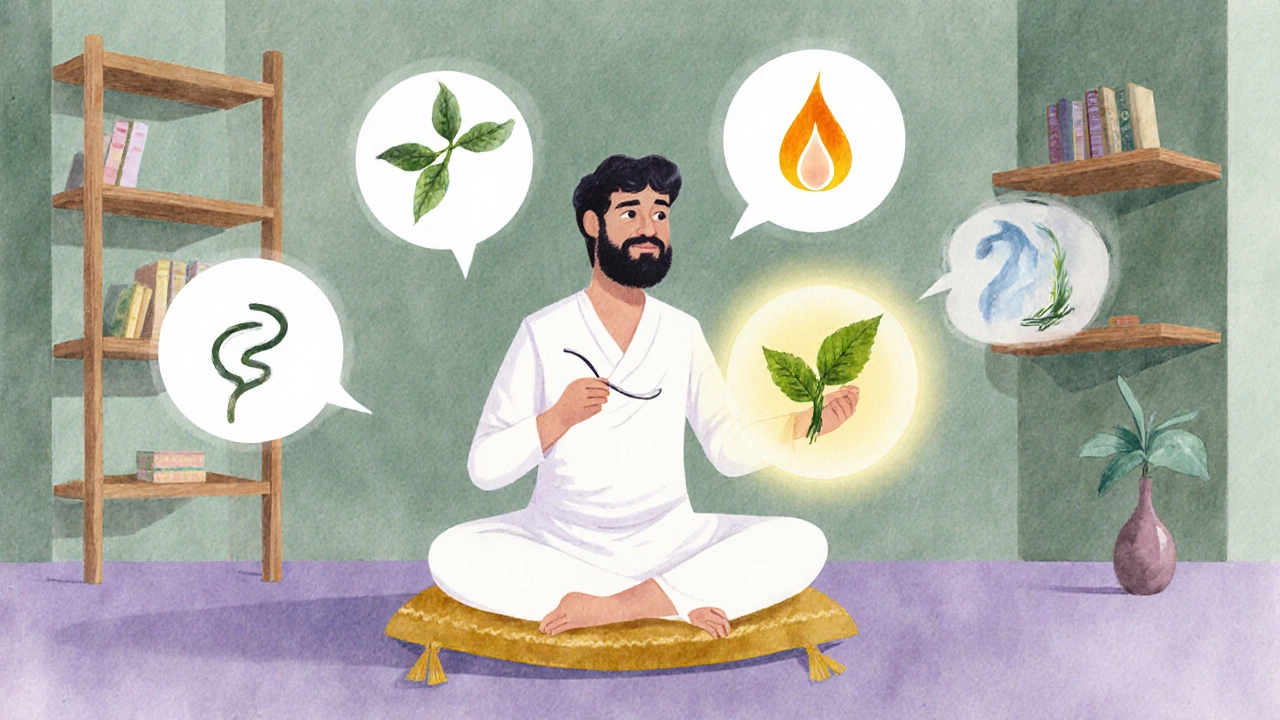 Ayurvedic practitioner assessing herbs by taste, quality, and potency.