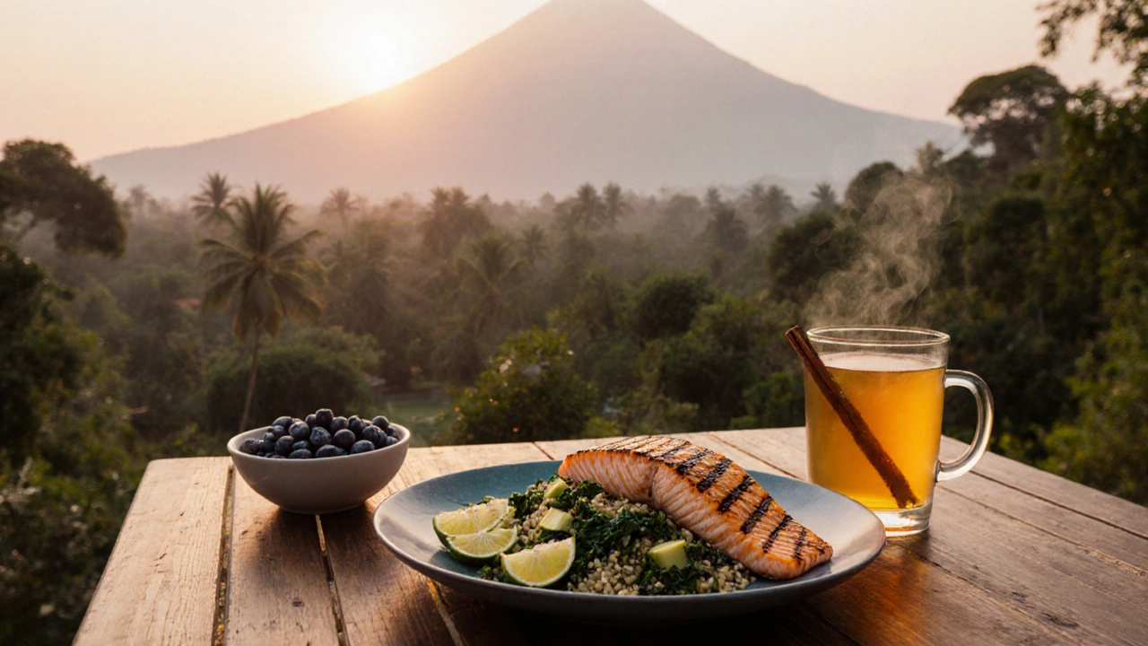 Bali retreat terrace with quinoa, kale, avocado, salmon, blueberries and turmeric tea at sunrise.