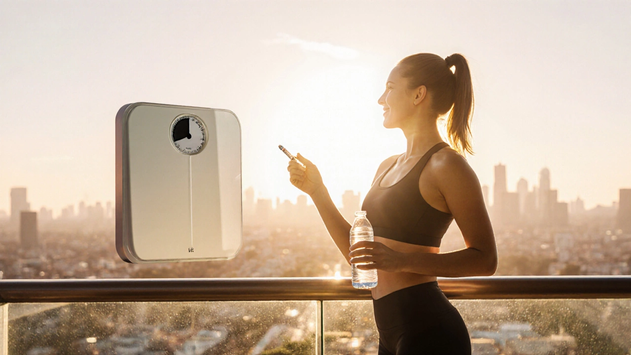 Confident person on a balcony holding an injection pen, signifying weight‑loss success.