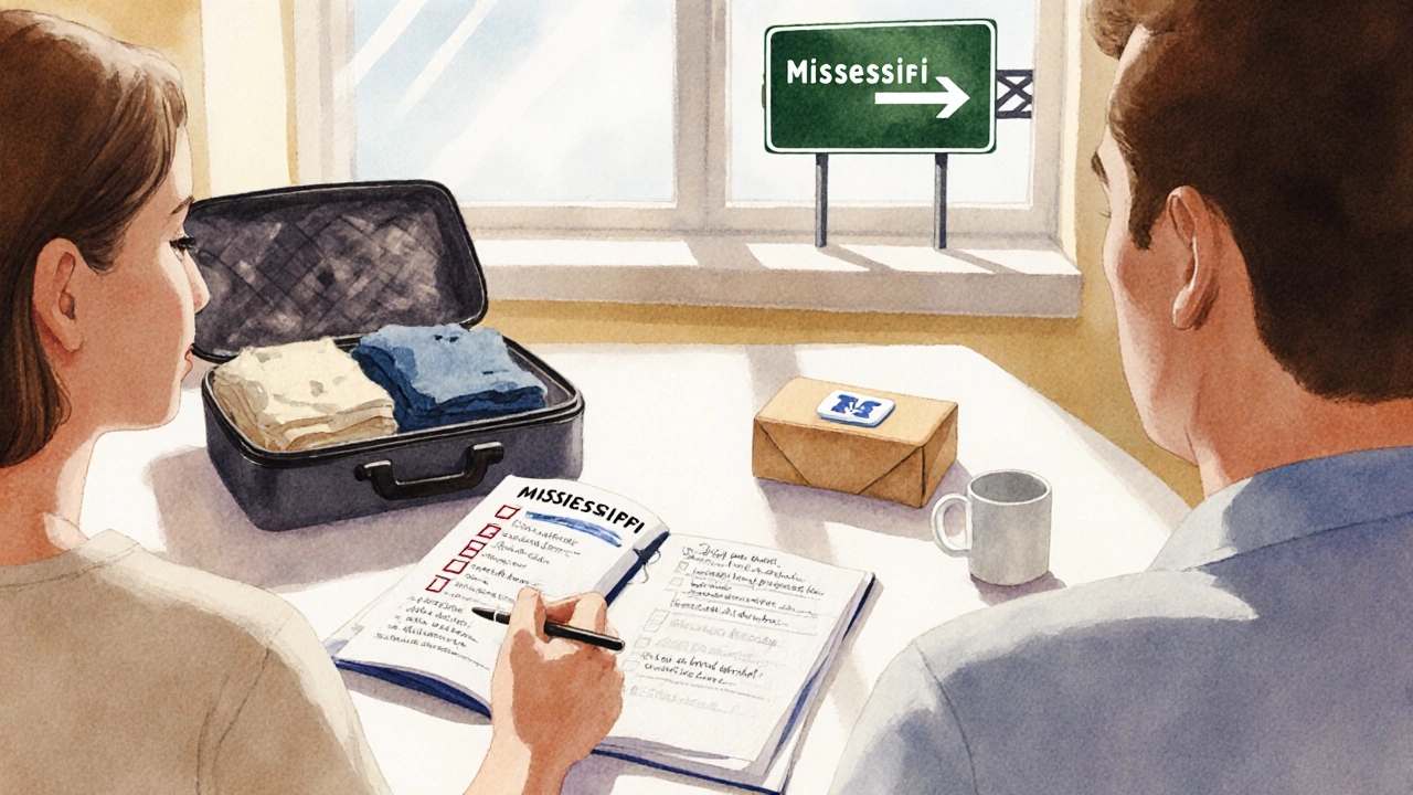 Couple at a table with checklist, budget envelope, and suitcase planning IVF travel.