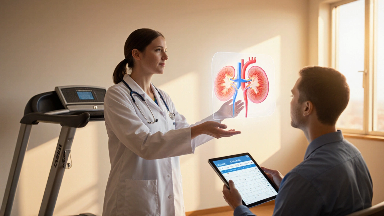 Doctor and patient reviewing health data with heart and kidney holograms.