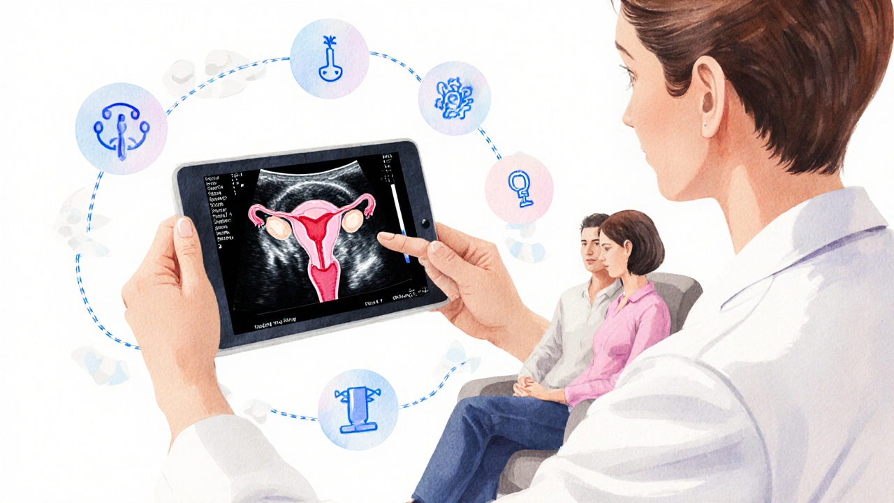 Doctor showing a uterine ultrasound on a tablet, hormone icons floating nearby, couple listening.