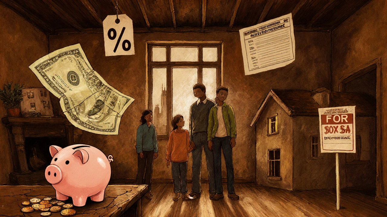 Family surrounded by symbols of low income, high taxes, costly healthcare, and unaffordable housing.