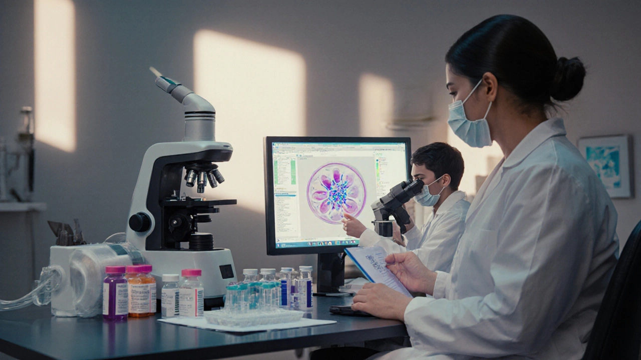 Fertility clinic lab with doctor, technician, microscope, and IVF equipment.
