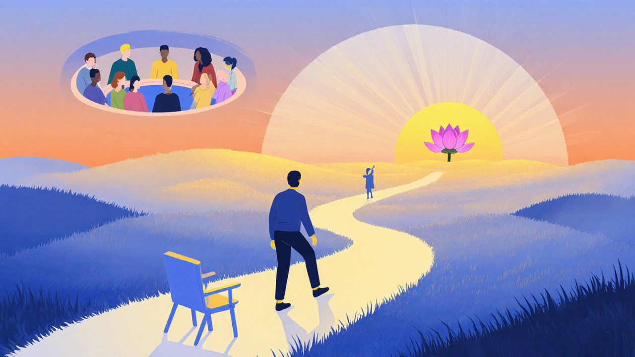 Figure leaving therapist chair onto sunny path with symbols of group, mindfulness, and new beginnings.