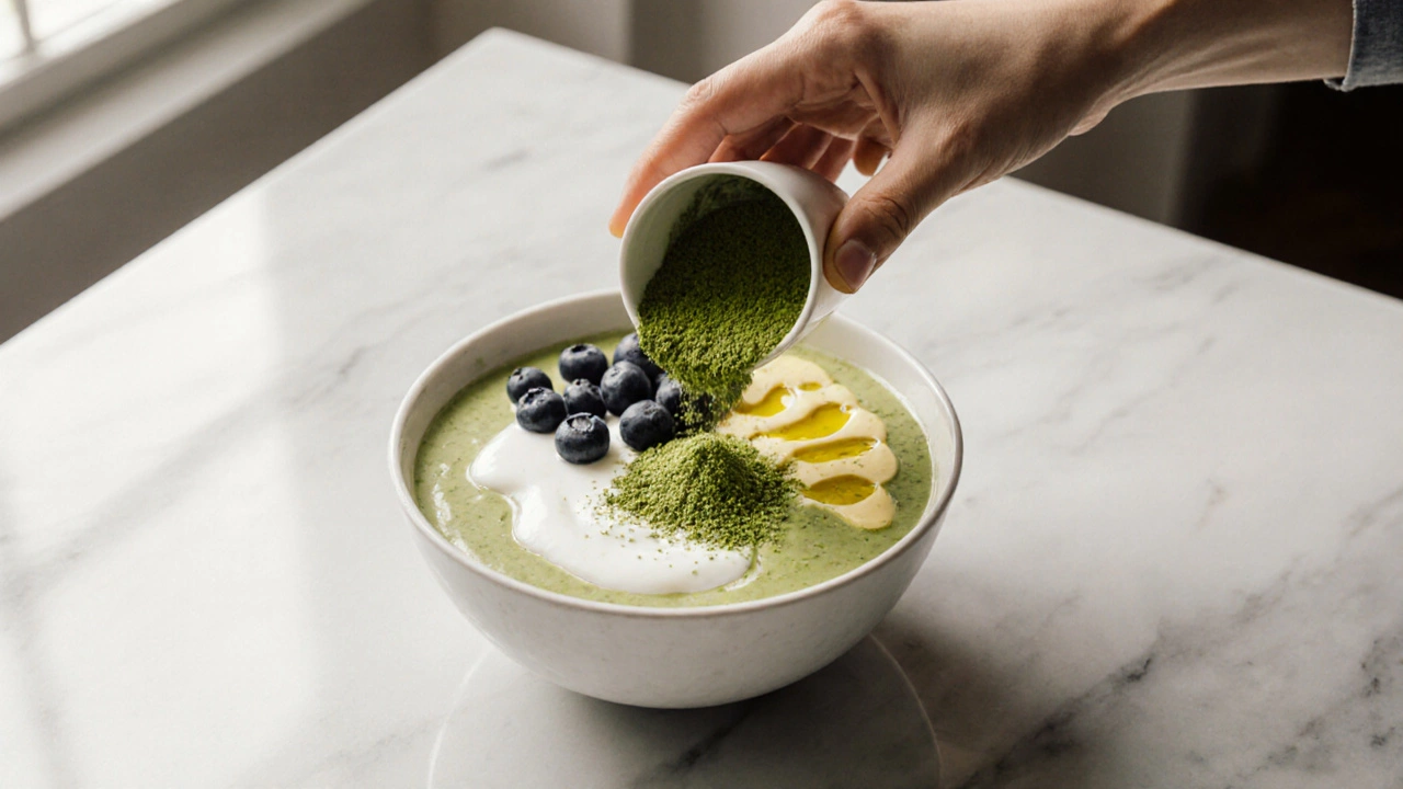Hand adding moringa powder to a Greek yogurt and blueberry smoothie bowl on a marble countertop.