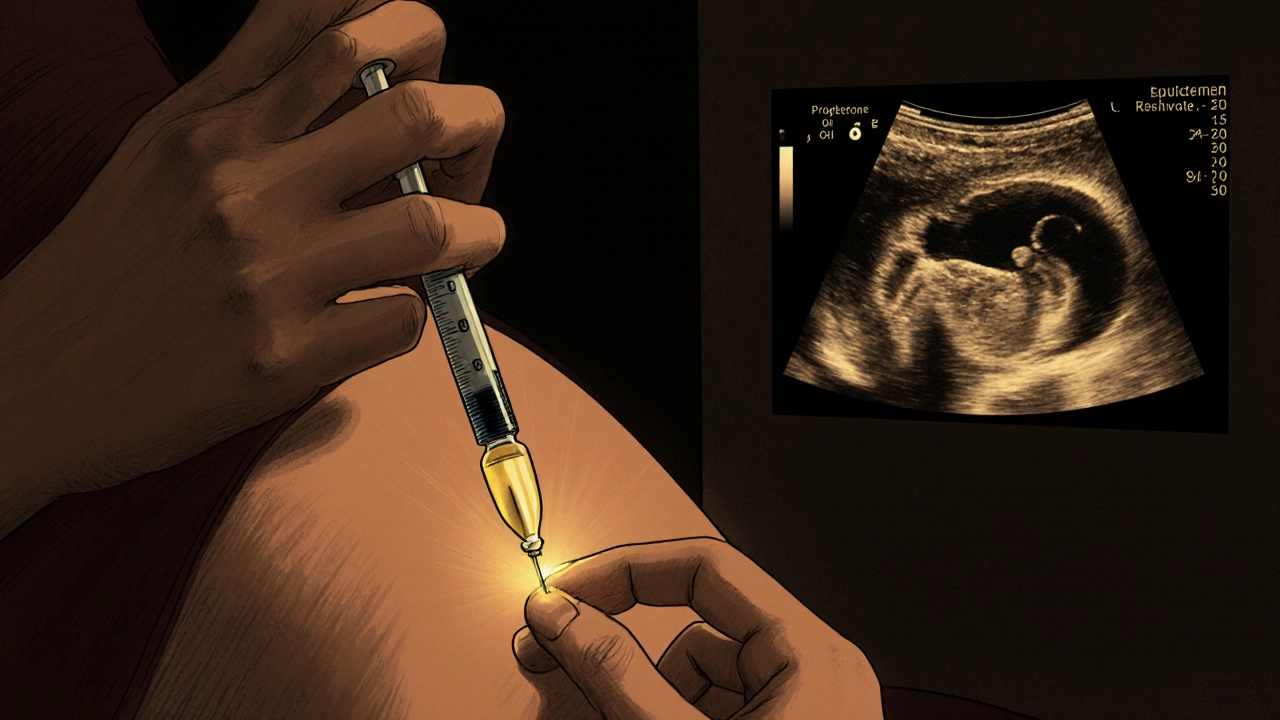 Hand injecting thick progesterone oil into the buttock, with a faint golden glow symbolizing hope.