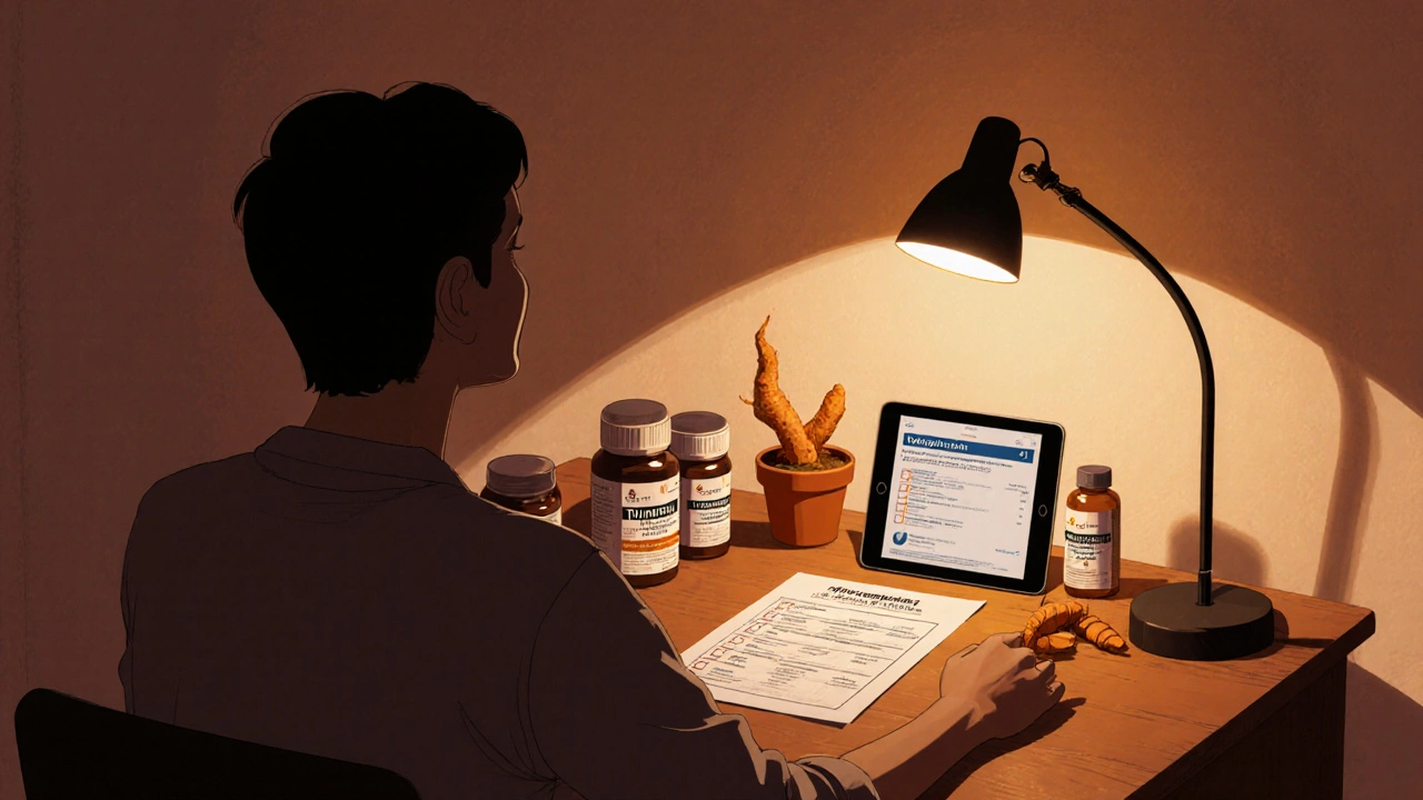 Home desk with supplement bottles, checklist, and a person reviewing options.