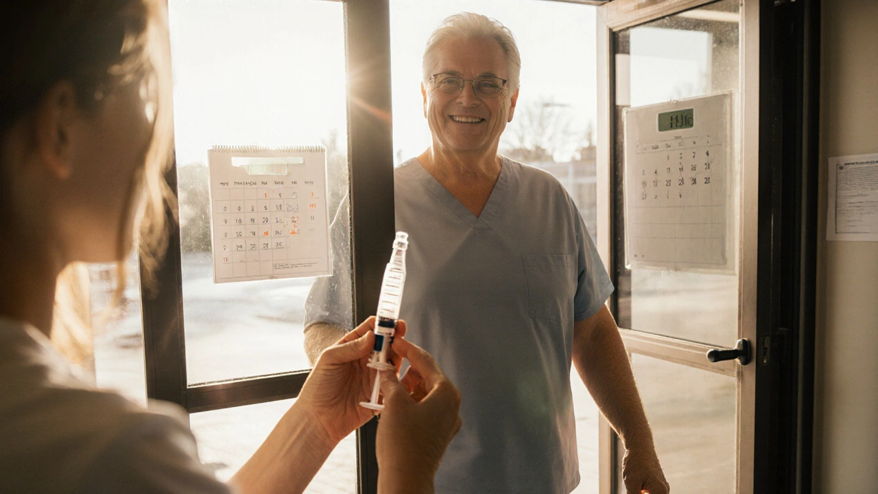 Hopeful patient holding a weekly injection pen near a scale and calendar, exiting a weight‑loss clinic.