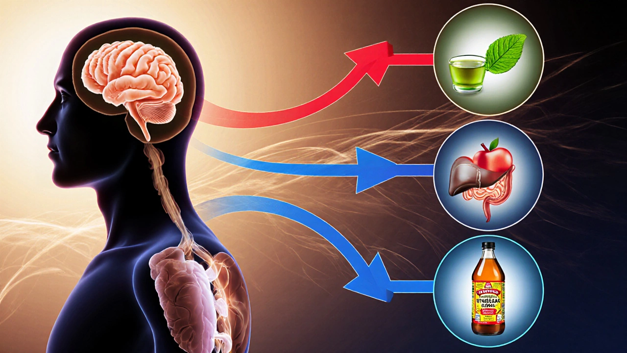 Illustrated silhouette showing caffeine, catechins, and acetic acid boosting metabolism.