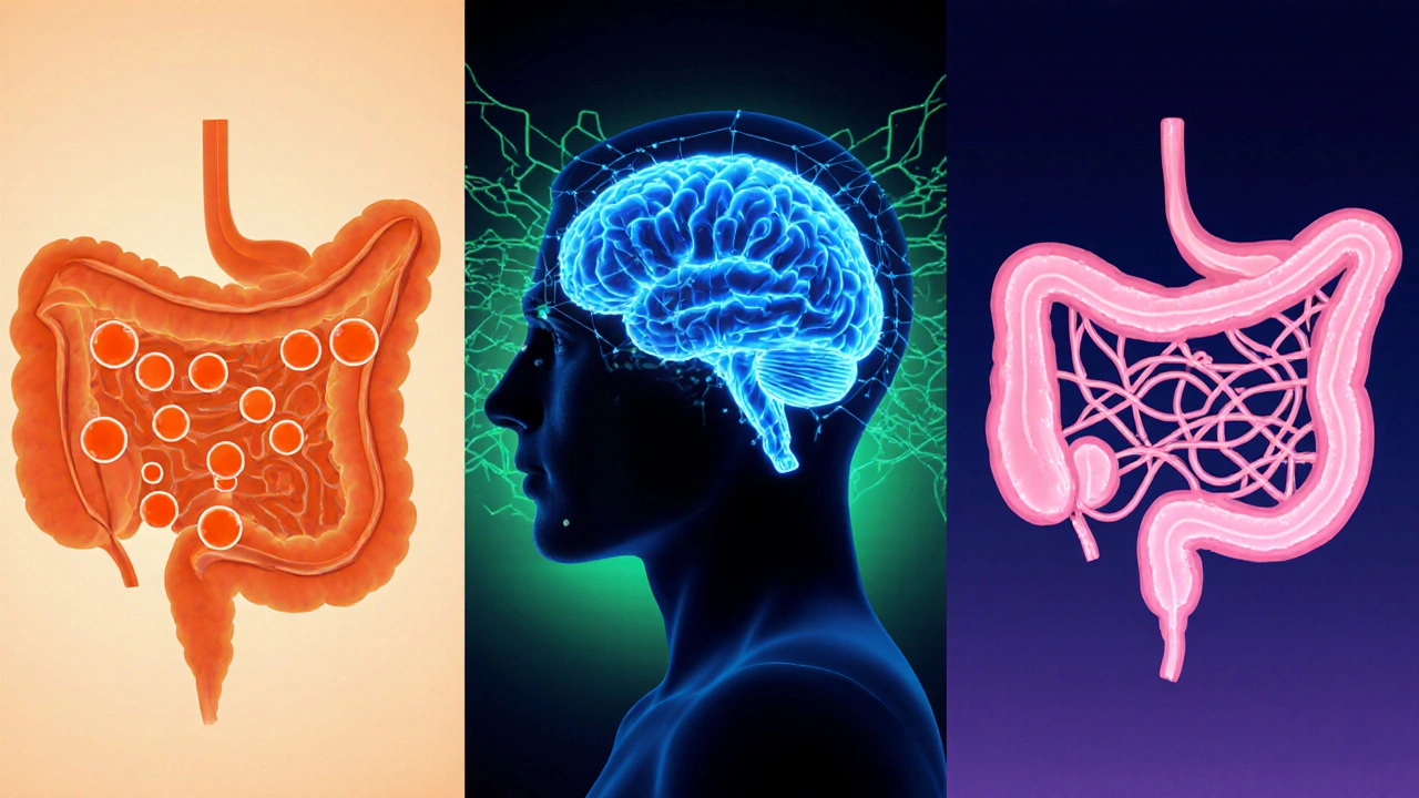Illustration showing fat blocked in gut, brain with appetite‑suppressing signals, and GLP‑1 hormone slowing digestion.