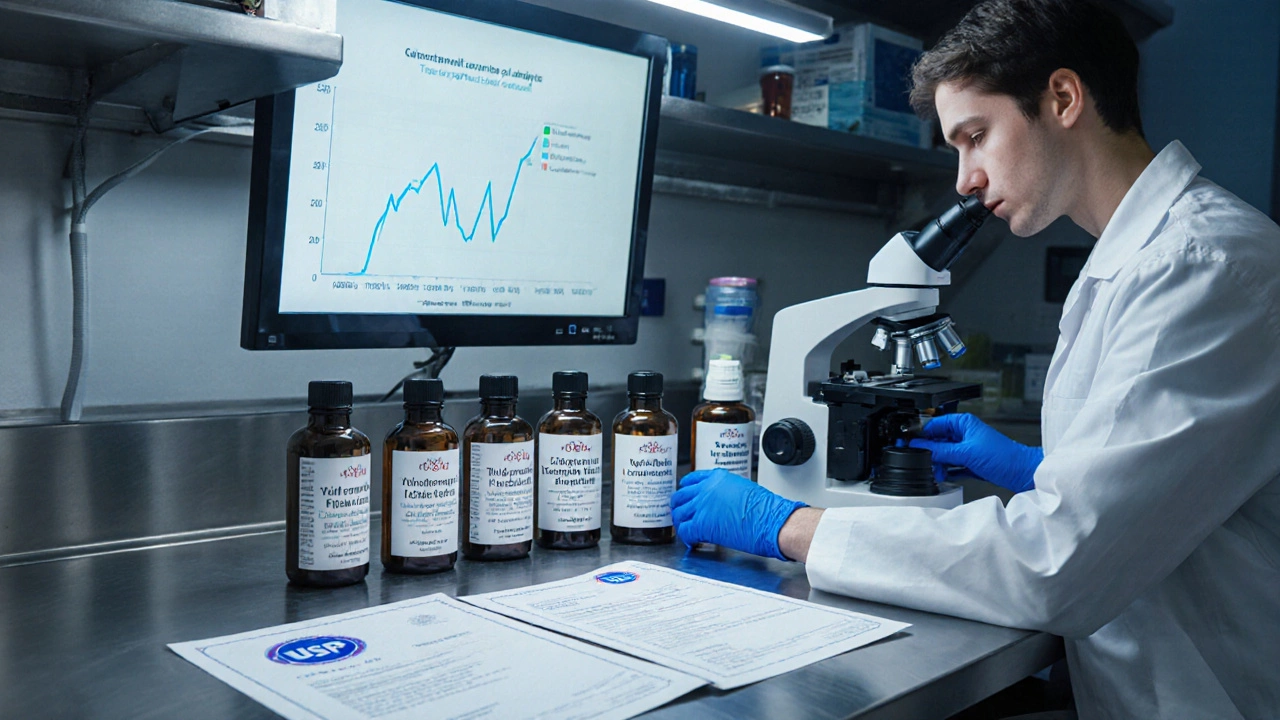 Laboratory scene with a scientist checking supplement bottles and COA documents.