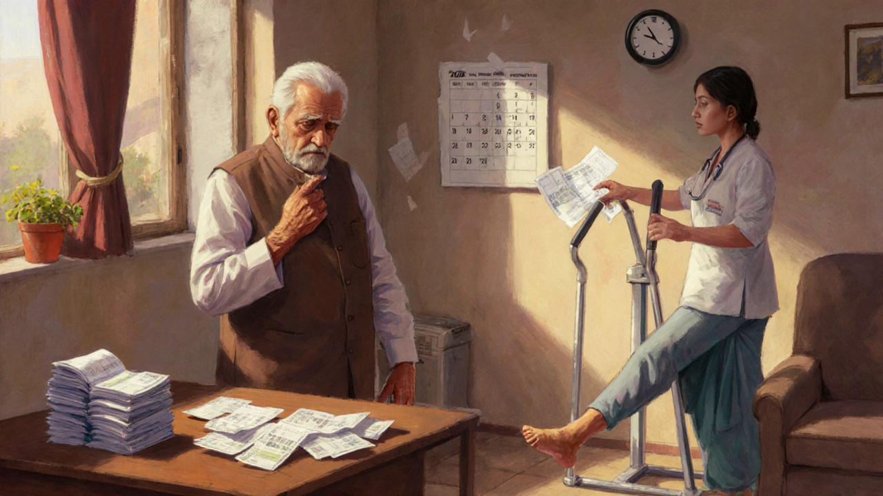 Man reviewing bills while a therapist guides him in a low‑impact leg exercise at home.