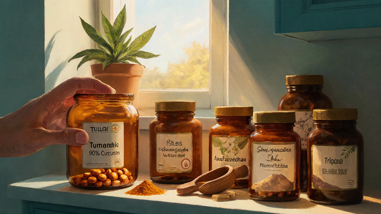 Modern kitchen shelf with amber jars of Ayurvedic supplements.