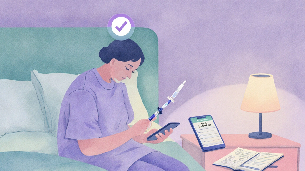 Patient in bedroom holding Mounjaro pen, smartphone health app, checkmark indicating verified batch.