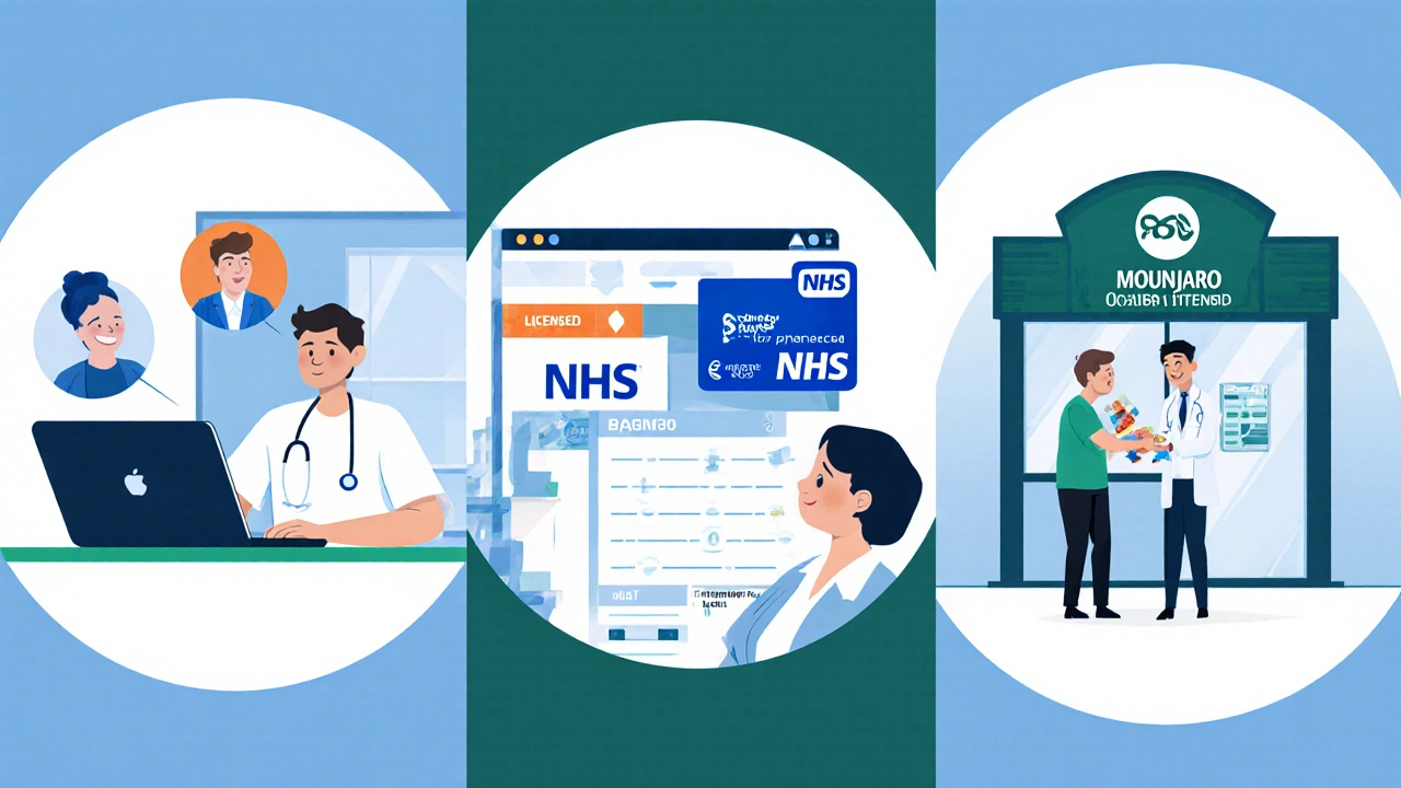 Patient on video call with doctor, discount card in online checkout, pharmacist handing medication at licensed pharmacy.