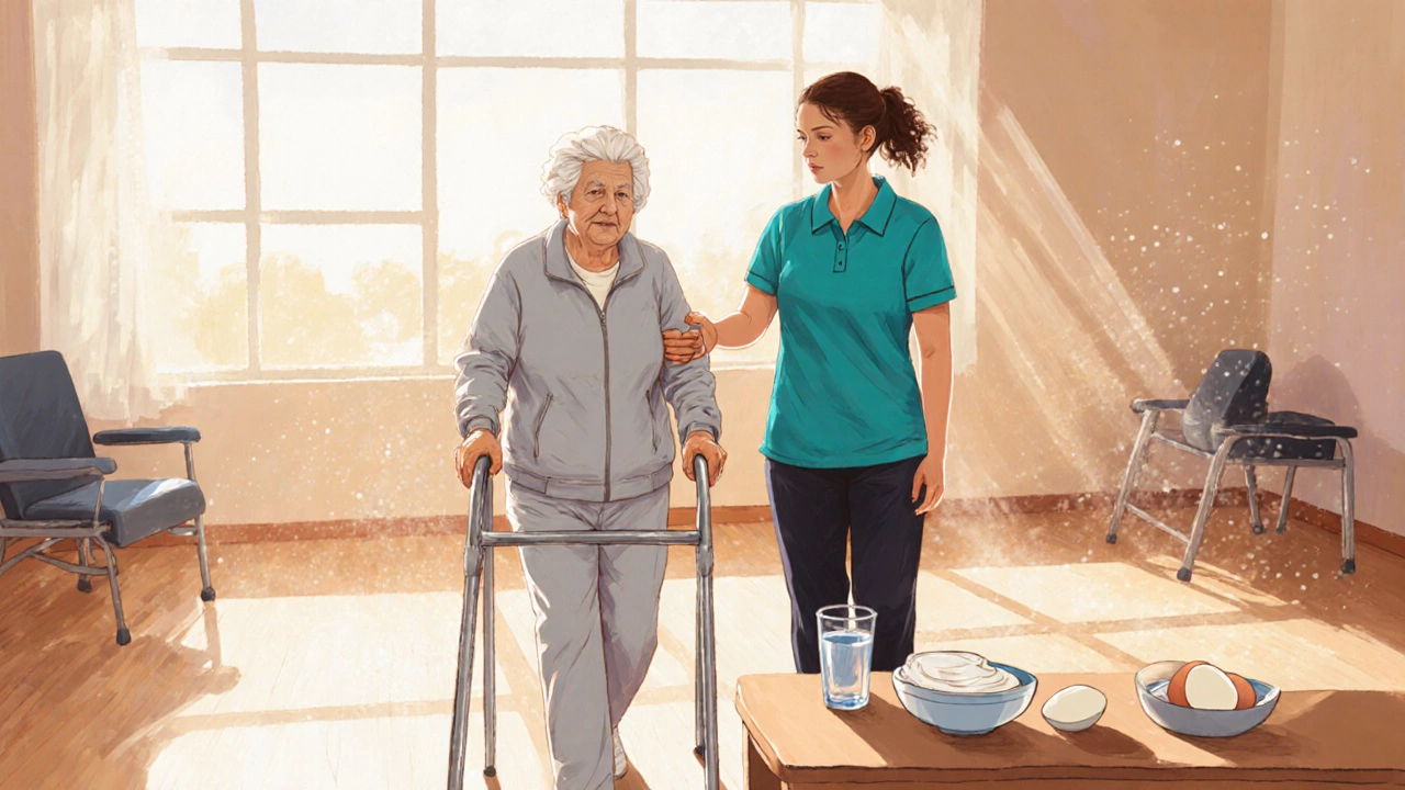 Physical therapist assisting senior woman with walker in bright rehab gym.