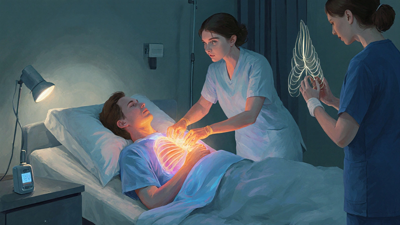 Post‑surgery patient on a hospital bed with visual cues of pain and caregivers providing multimodal analgesia.
