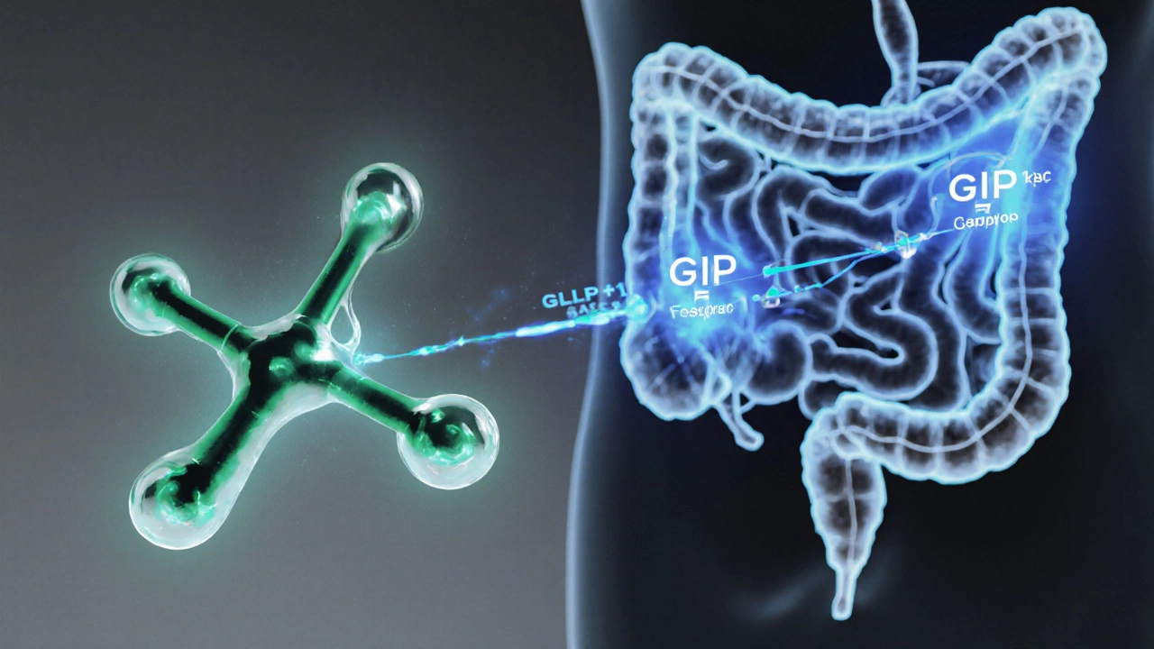 Scientific illustration of tirzepatide binding to GLP‑1 and GIP receptors in the gut.