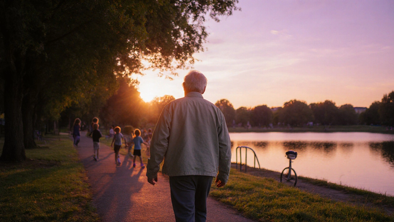 Senior man walking confidently in a sunset park after knee surgery recovery.