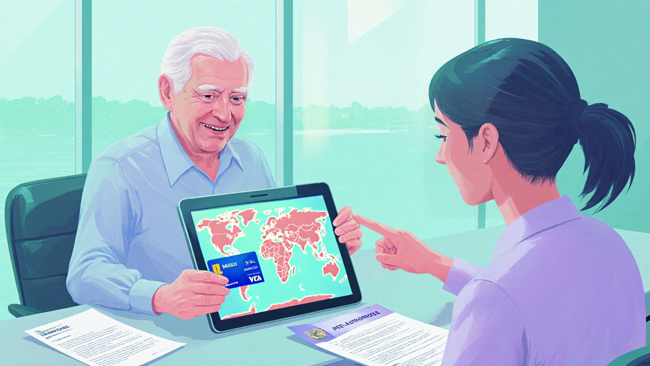 Senior reviewing a tablet with a glowing map and paperwork, guided by a travel advisor.
