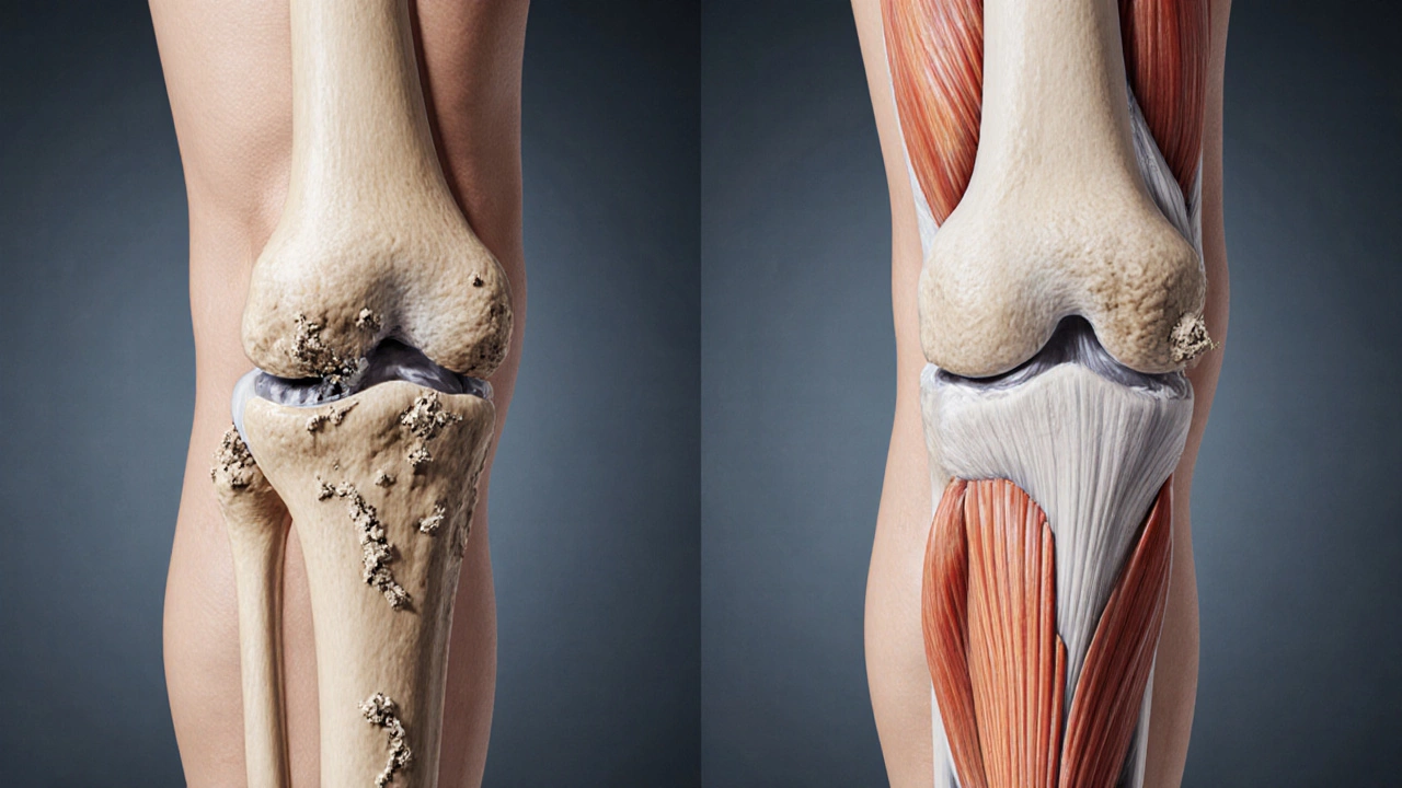 Split illustration comparing a delayed knee with bone loss and muscle atrophy to an early‑treated knee.