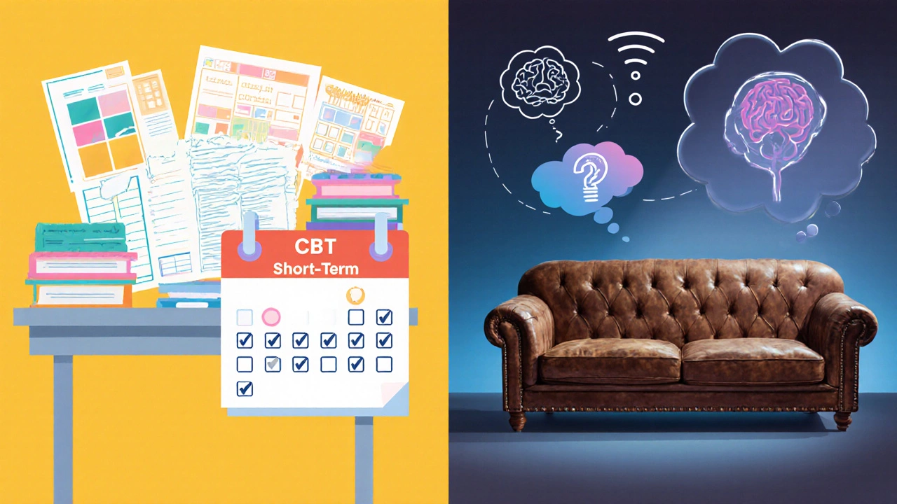 Split illustration comparing CBT worksheets and calendar with psychodynamic couch and thought bubbles.