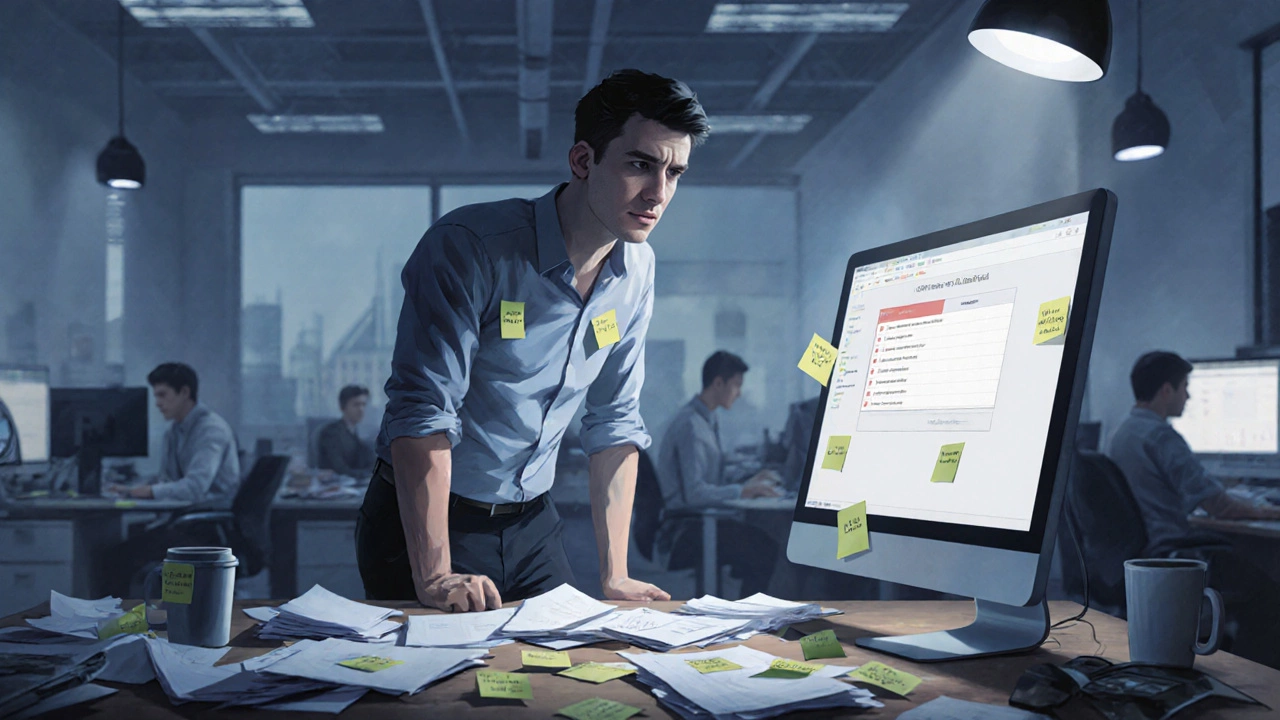 Stressed adult surrounded by messy desk and missed deadline alerts in an office.