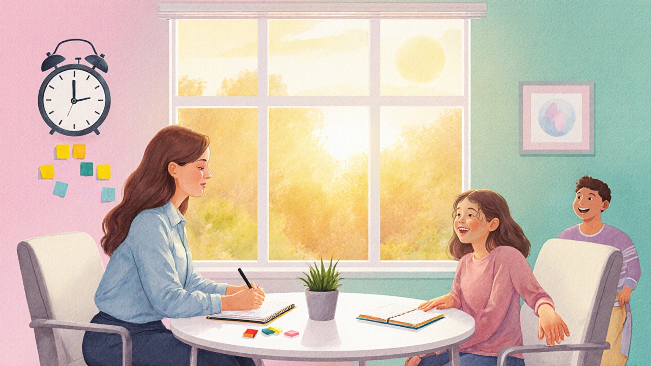 Therapy room sunrise scene with planner, plant, and supportive family.