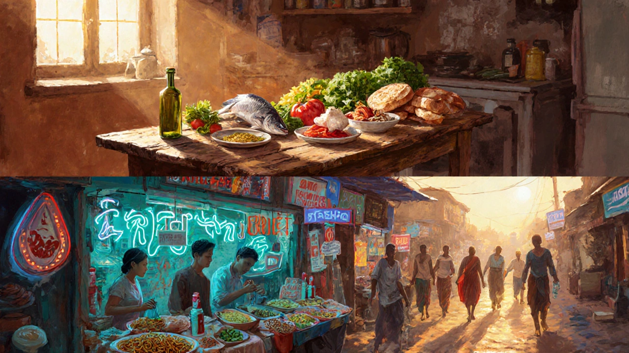 Three illustrated panels show Mediterranean meals, a busy South Asian market, and active African village life.