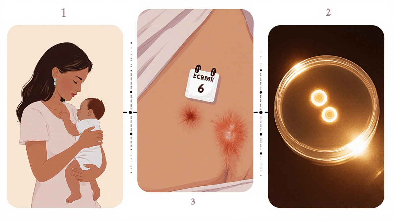 Three linked scenes: breastfeeding mother, healed C‑section scar, and embryos in a petri dish.
