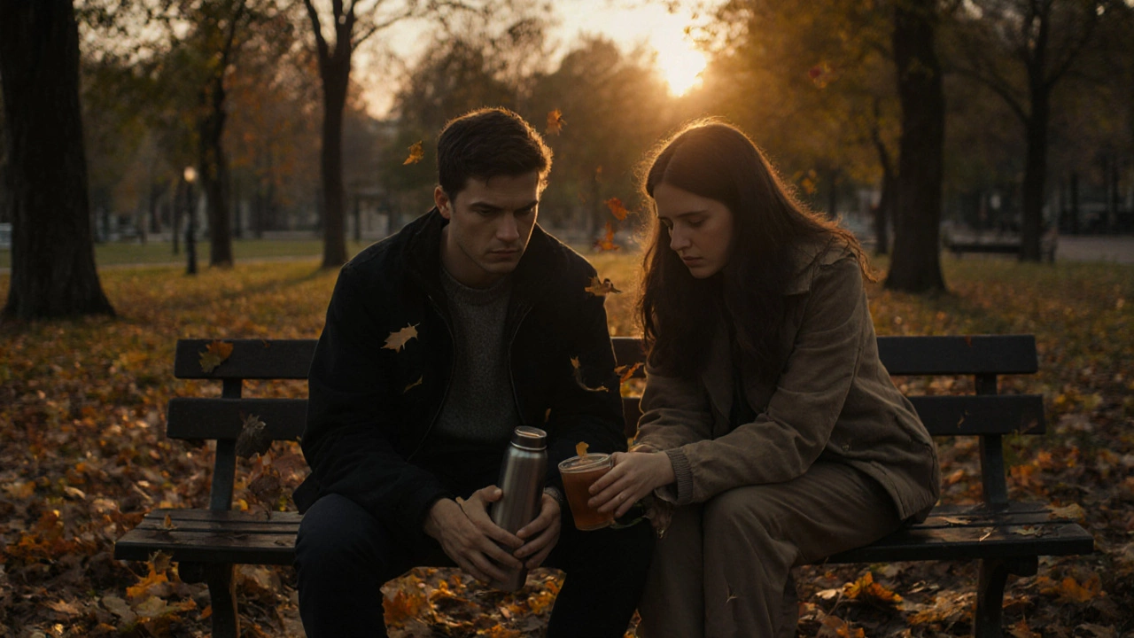 Two friends on a park bench at dusk, one withdrawn, the other offering quiet support with tea.