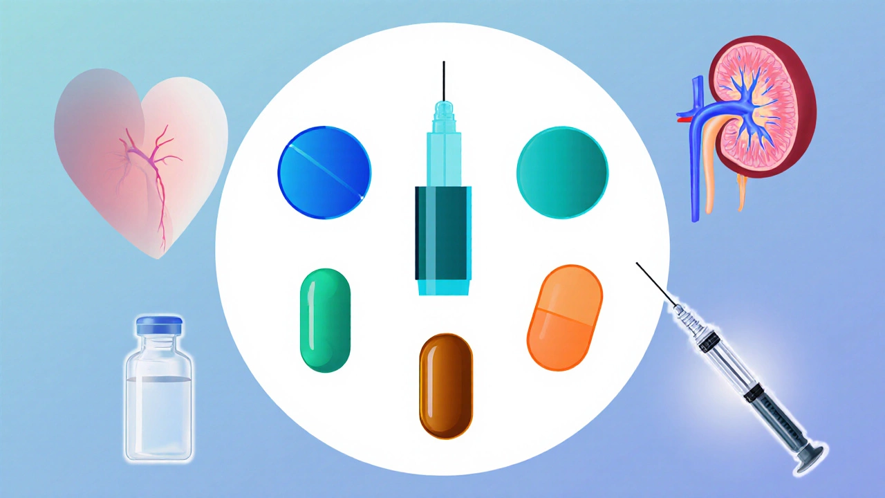 Various diabetes medicines displayed around heart and kidney silhouettes.