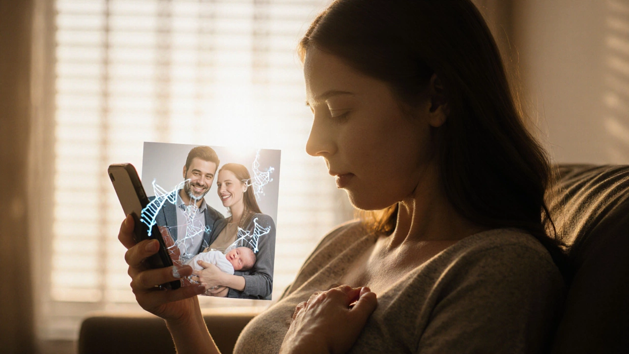 Woman in fertility clinic looking at newborn photo, DNA strands softly overlaying her abdomen.