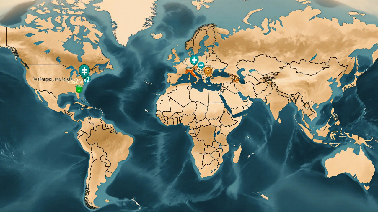 World map highlighting Canada, Mexico, Bahamas, France, Australia, New Zealand, Singapore, and UK with hospital icons.