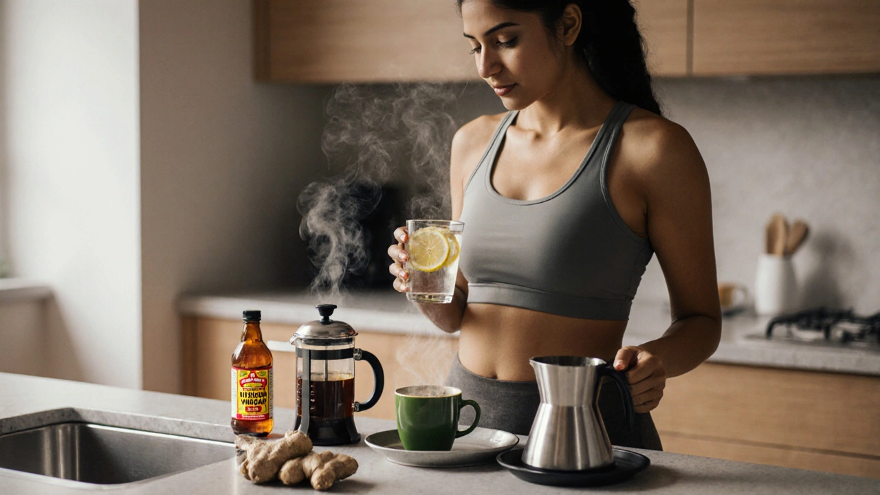Young woman preparing a daily lineup of belly‑fat‑burning beverages in a kitchen.