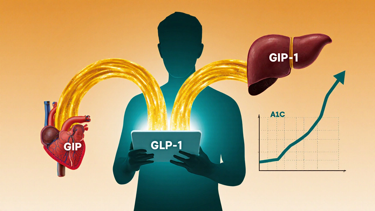 A glowing tablet emitting golden hormones flowing into a heart and liver.