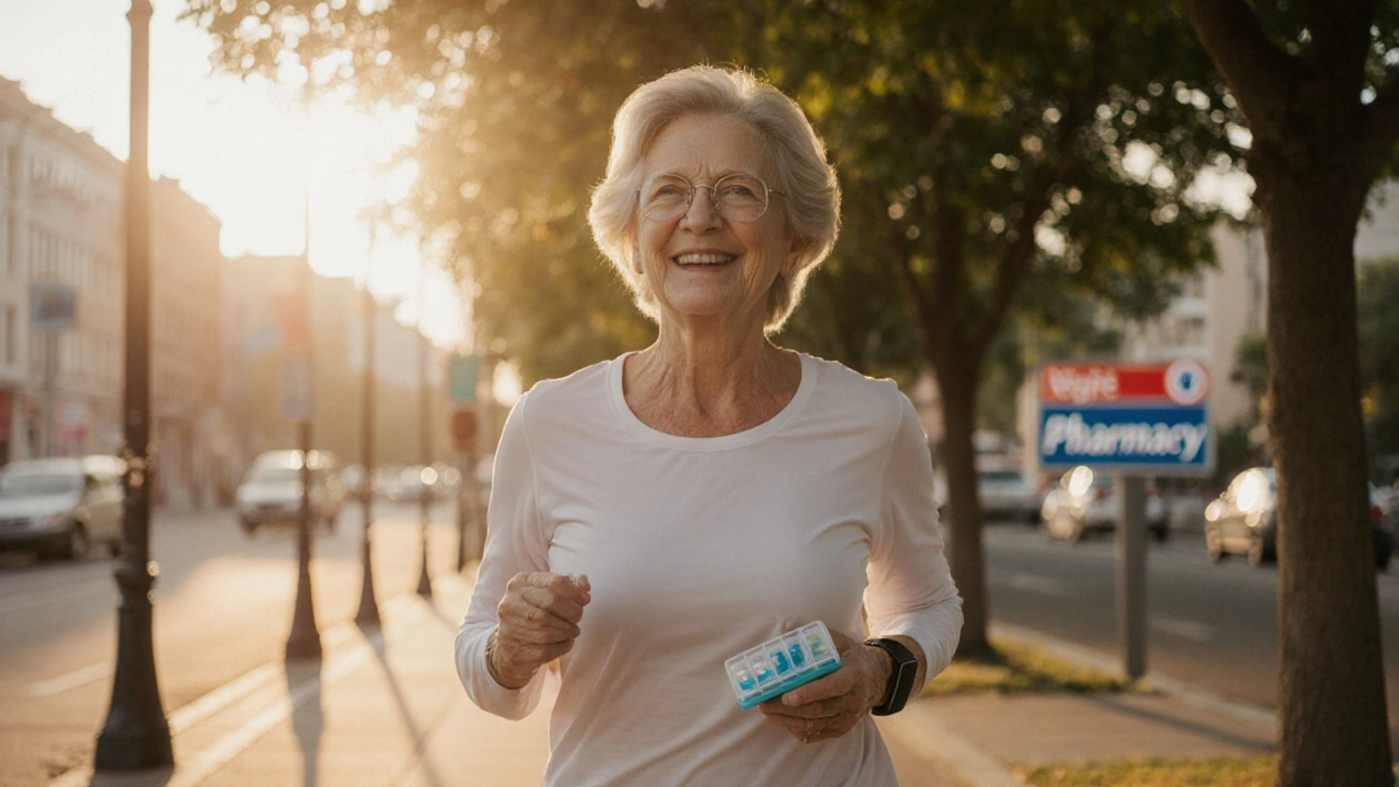 A woman walking at sunrise, holding a pill organizer and fitness tracker.