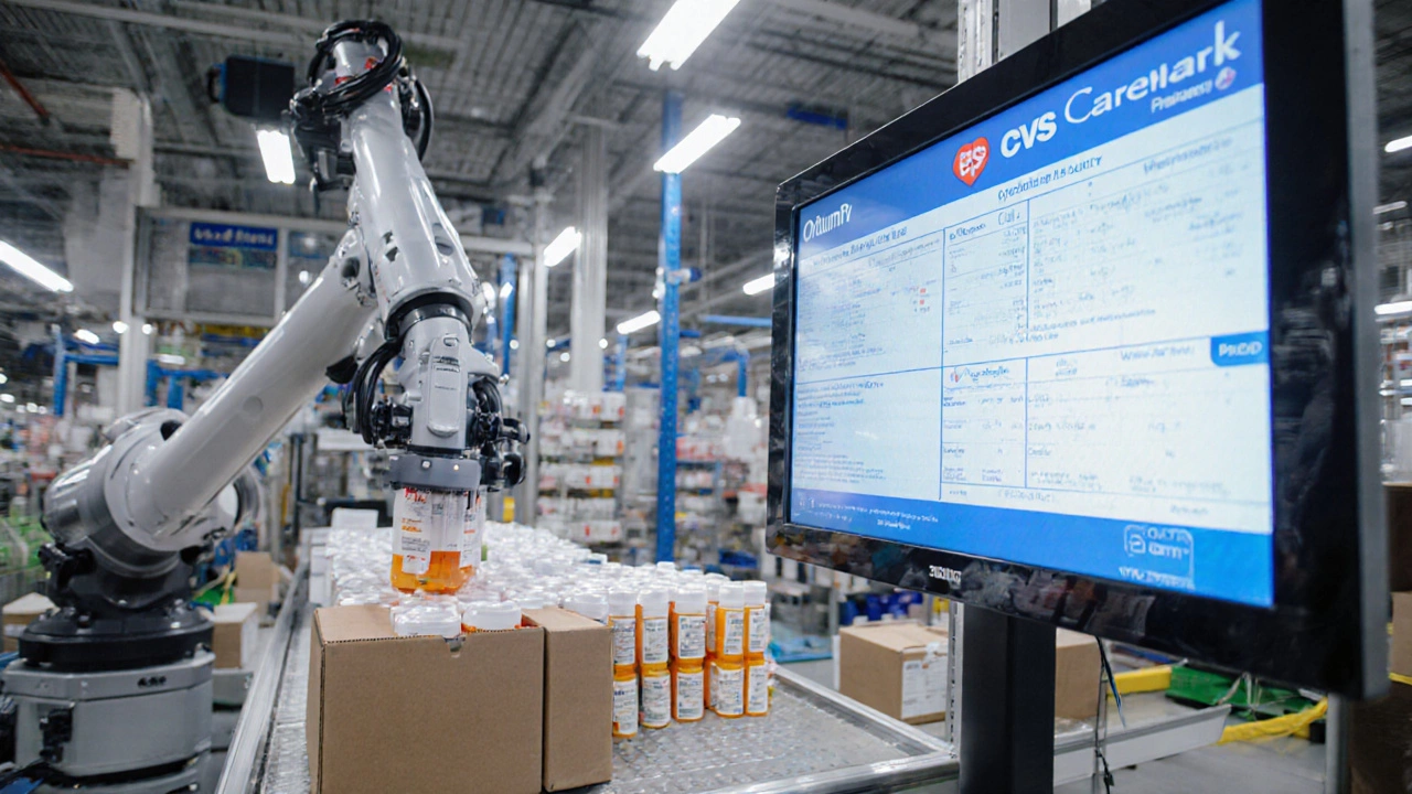 Automated pharmacy warehouse sorting prescriptions with brand labels visible.