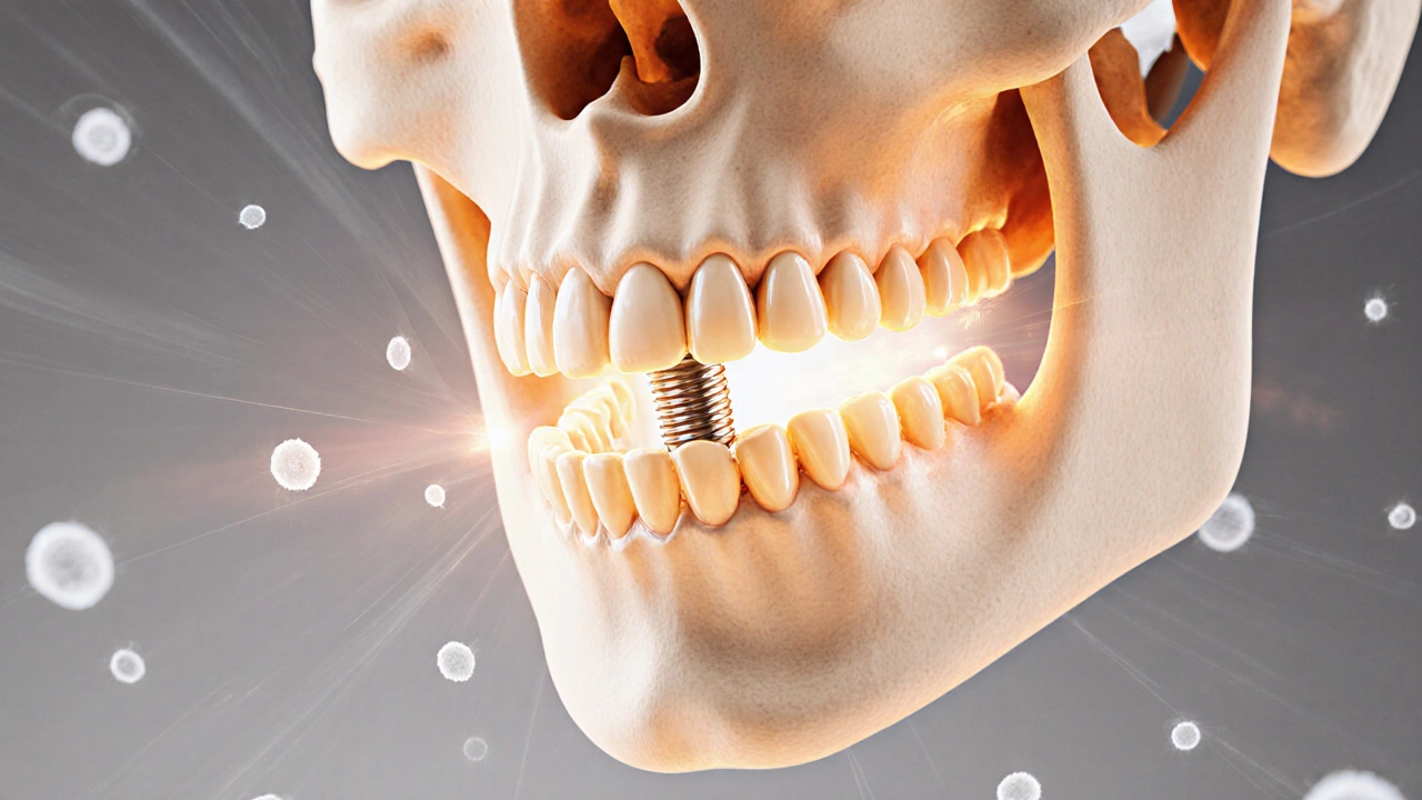 Cross-section of jawbone showing titanium implant fusing with bone tissue in warm light.