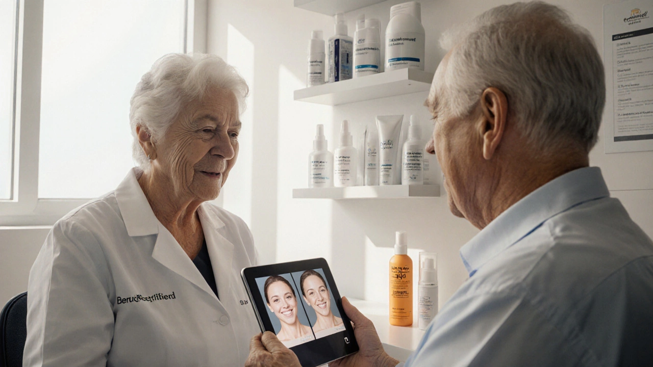 Dermatologist consulting with patient while reviewing skin treatment photos