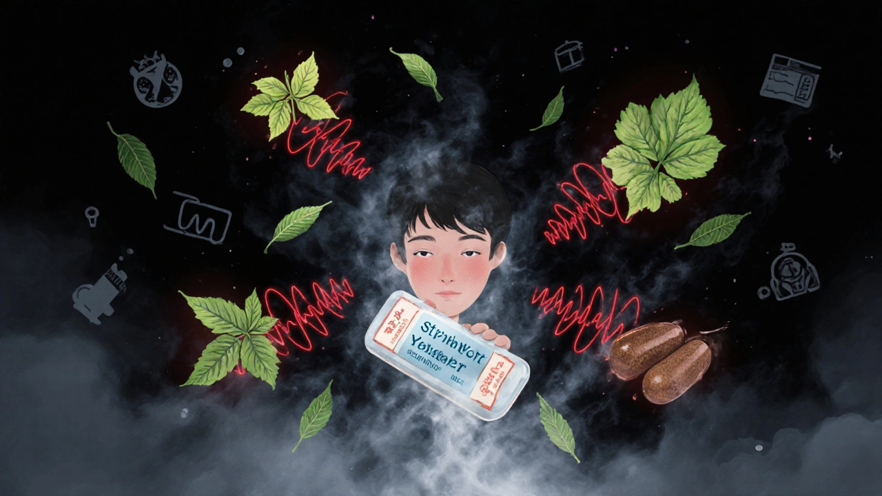 Floating herbs emitting red warning pulses around a dissolving medication tablet.