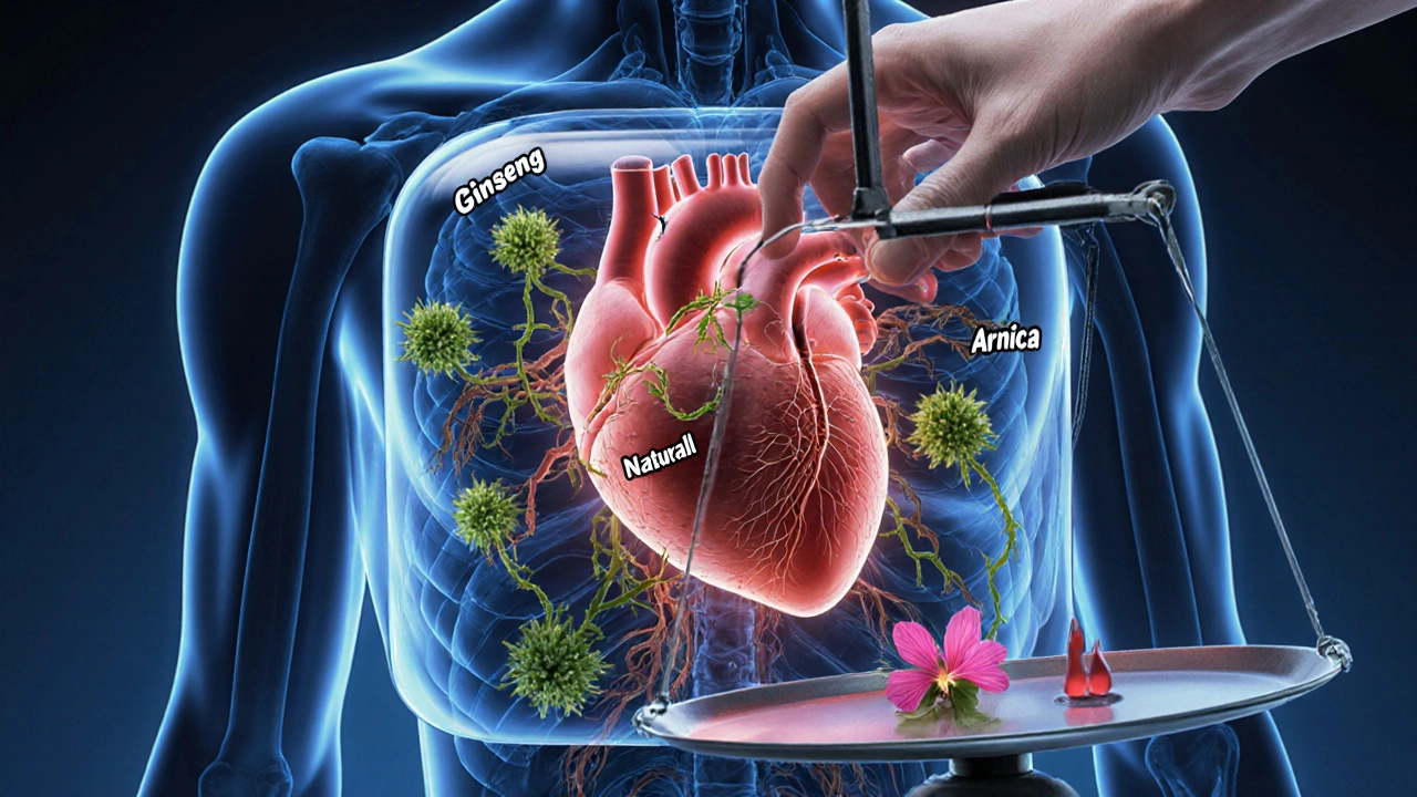 Heart wrapped in thorny herb vines, doctor placing safe herb on balancing scale.