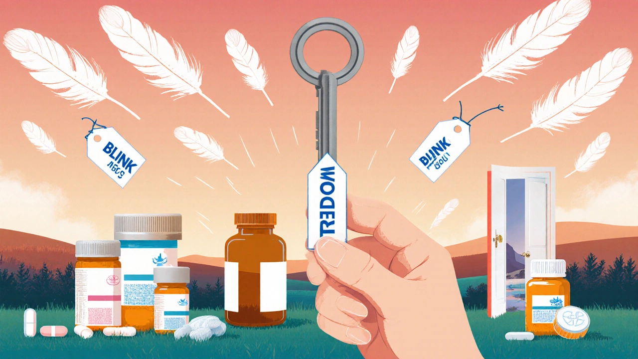 Key unlocking prescription bottles that become doors to freedom and relief.