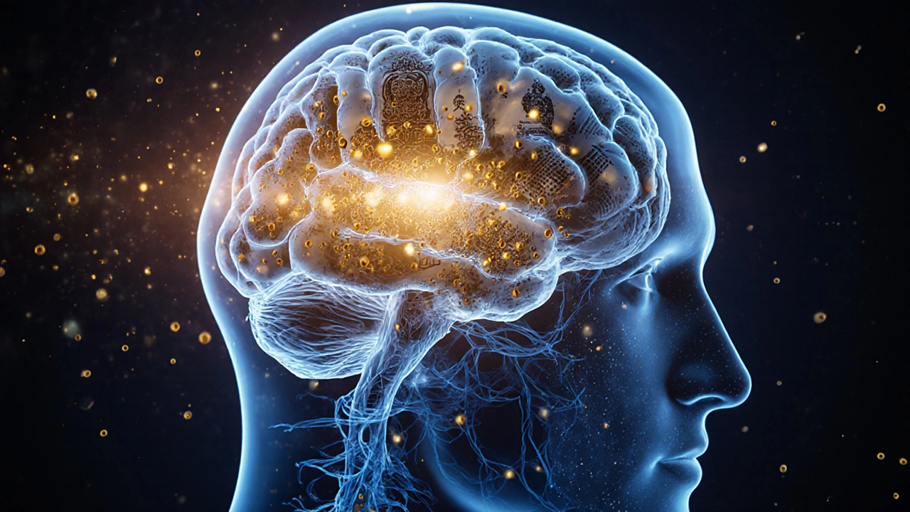 Microscopic gold nanoparticles intertwined with neural pathways in a human brain.