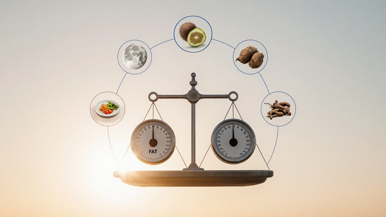 Scale showing muscle and water vs fat, surrounded by symbols of sleep, stress, food, and ashwagandha